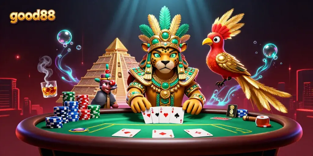 Experience immersive gameplay at good88 with a vibrant Mayan-themed casino scene.