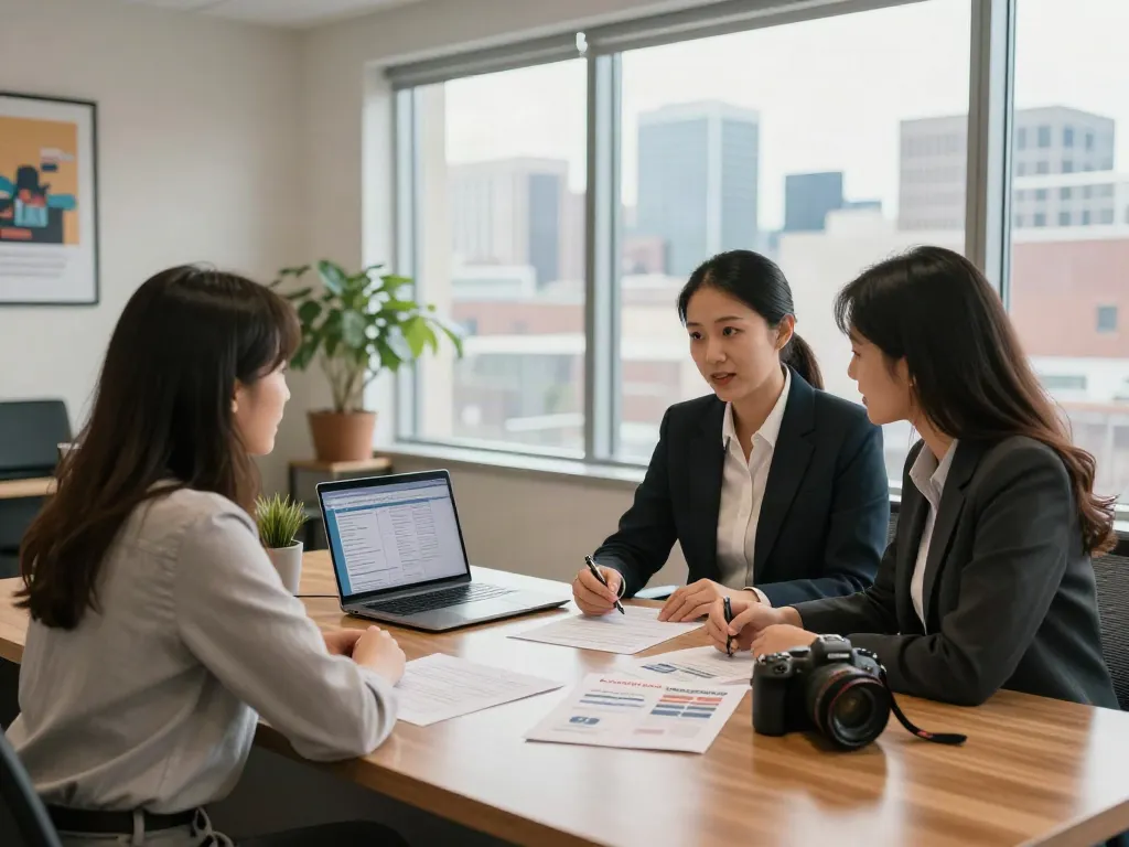 Young couple discussing Calgary loans with a financial advisor in a professional office setting.