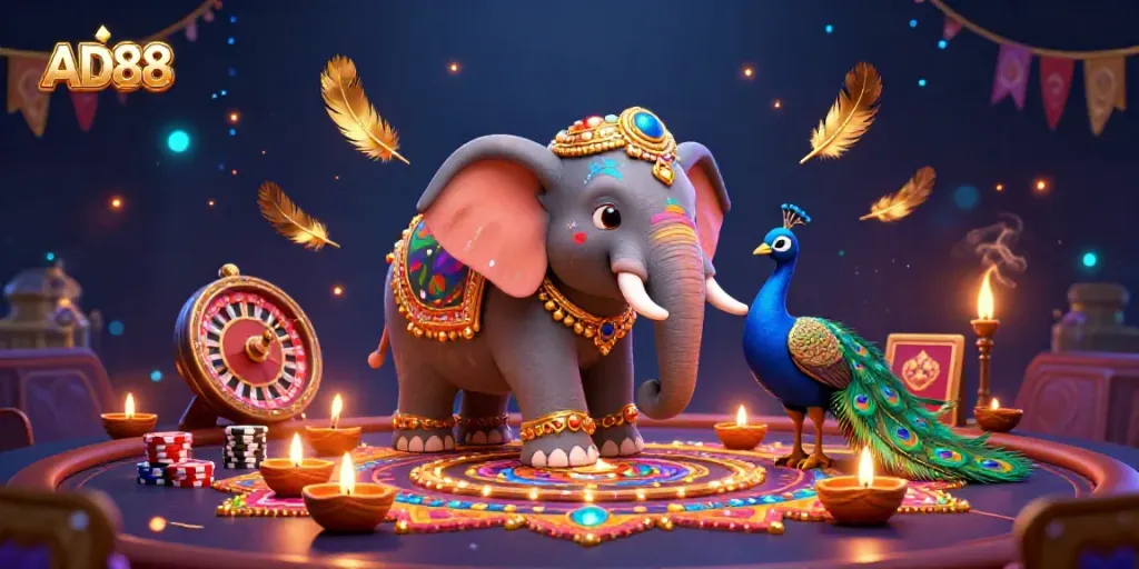 Experience the excitement of AD88 with a lively 3D illustration of casino games, featuring a colorful elephant and peacock.