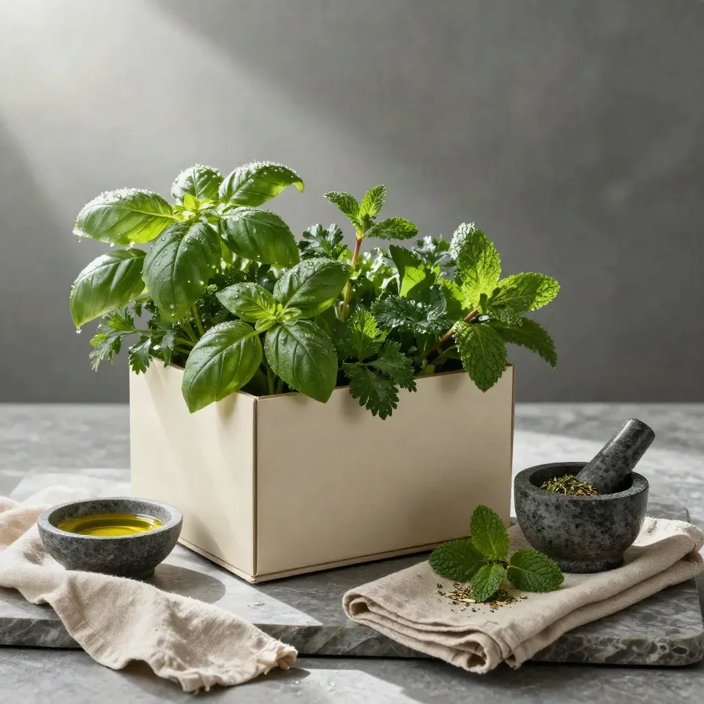 Dewy herb trio box with olive oil, linen, and mortar on stone in soft studio light