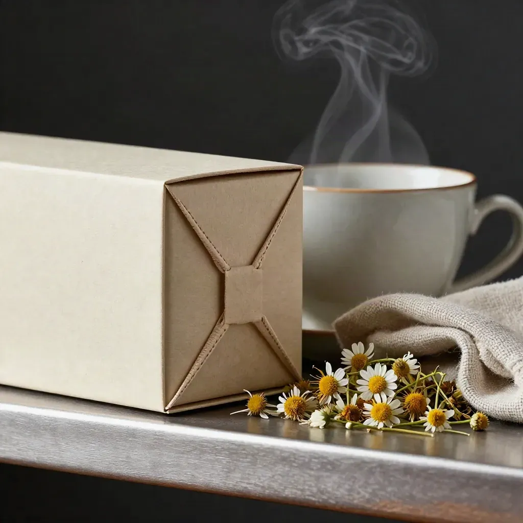 Macro tea sampler box with steaming cup, chamomile heads and linen towel on a brushed pewter shelf.