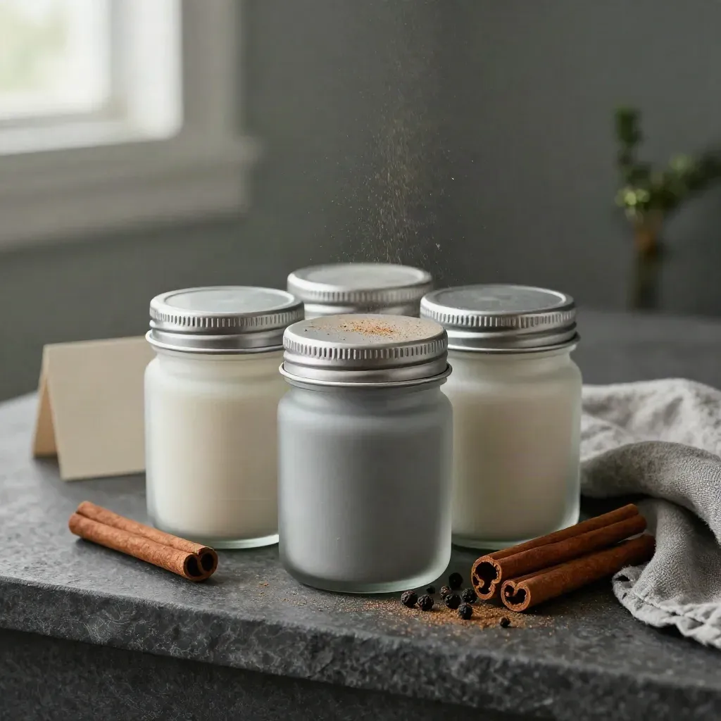 Matte spice starter set with jars, tins, cinnamon sticks and peppercorns on ash linen.