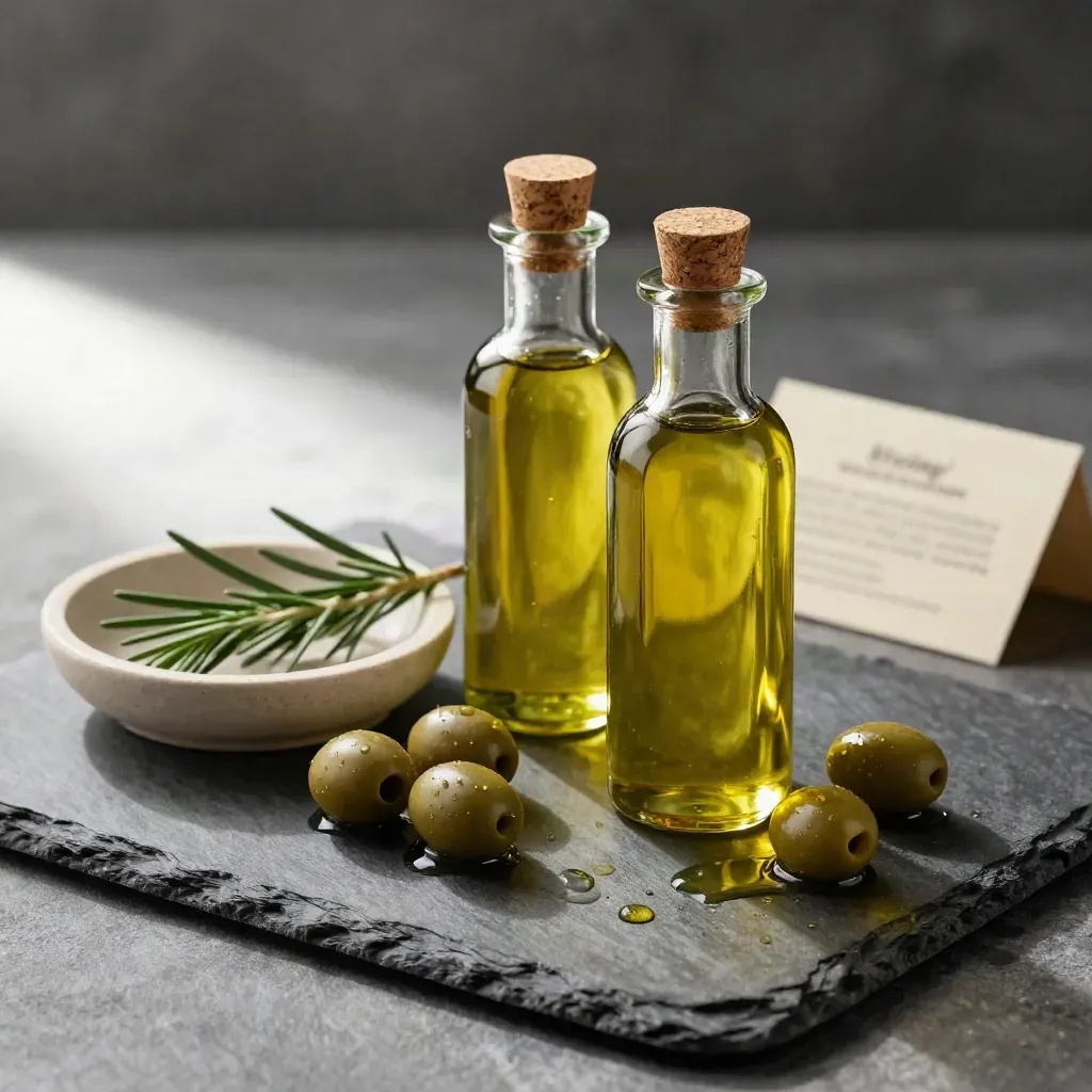Two olive oil bottles with rosemary, olives and a stone dish on damp slate
