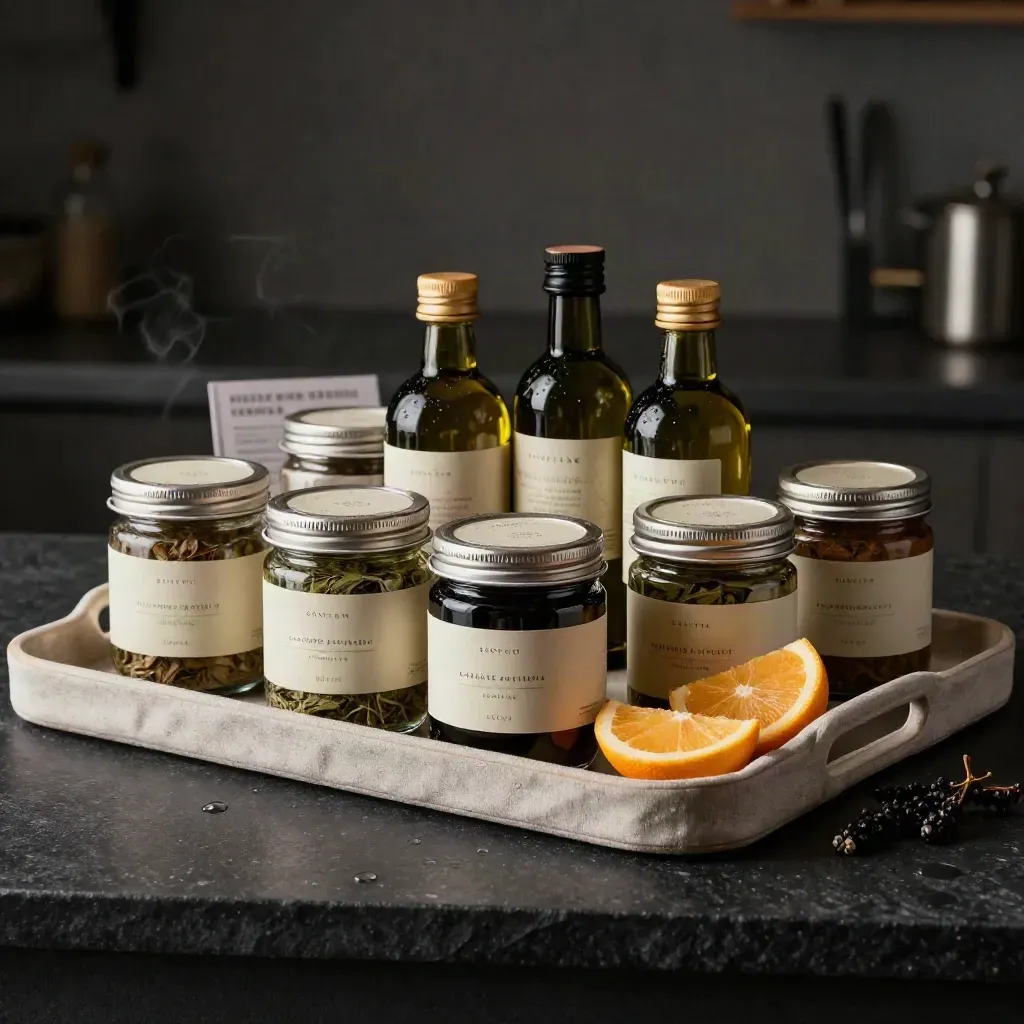 Herb jars, olive oil and tea tins on a linen market tray with steam
