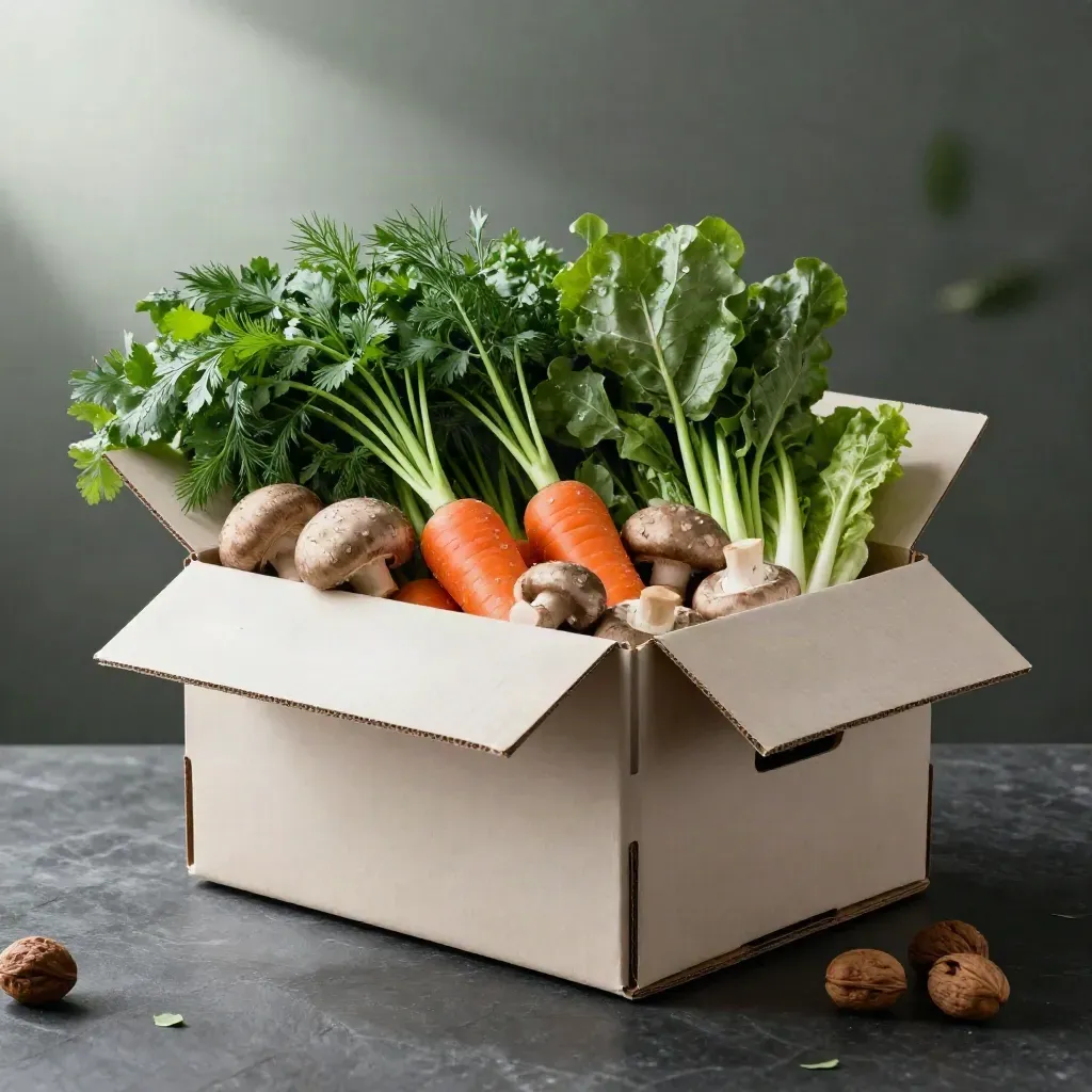 Open produce box with greens, carrots, mushrooms and herbs on a dark stone surface.