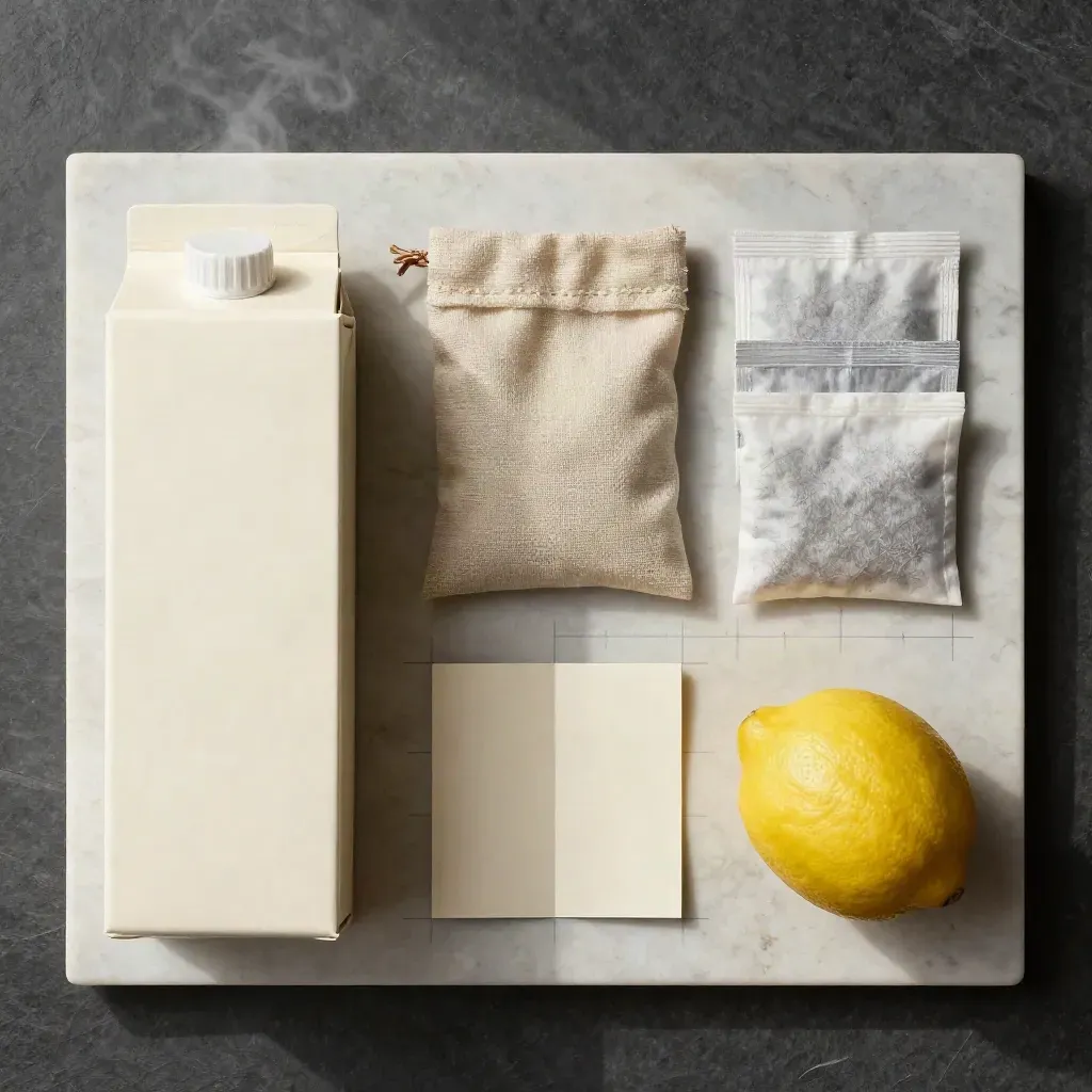 Overhead flatlay of a recipe kit bundle with box, pouches, lemon, and face-down card.