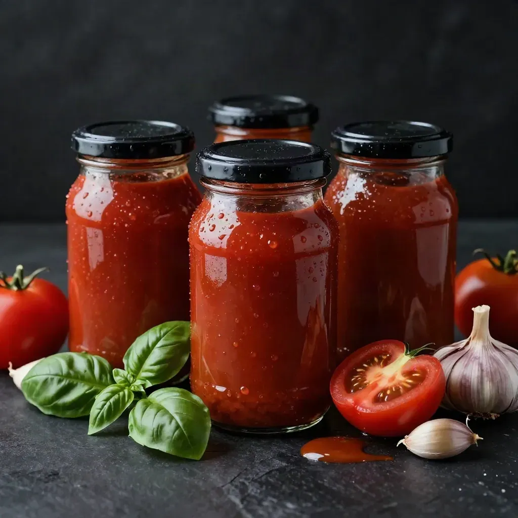 Three jars of tomato herb sauce with basil, garlic and vine tomatoes on dark stone.