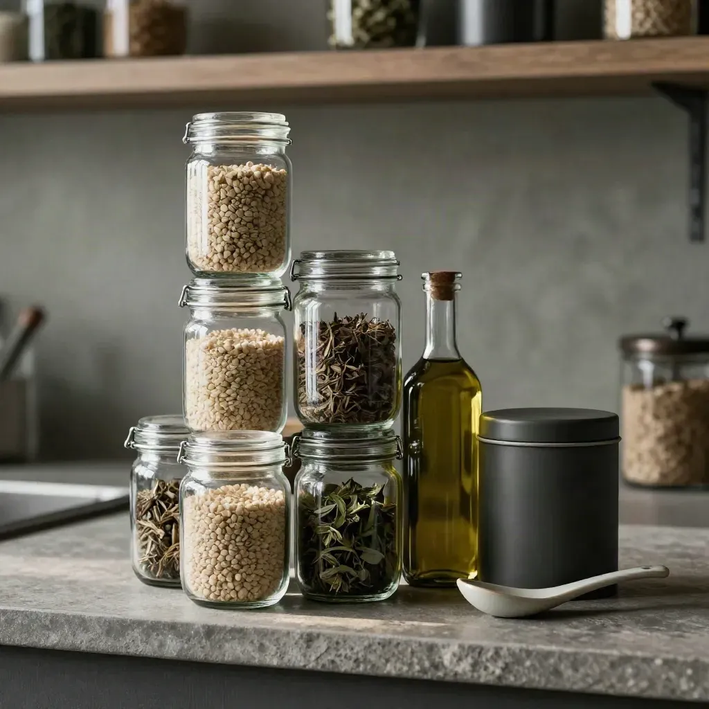 Unbranded pantry set of jars, oil bottle, tea canister and spoon on brushed stone.