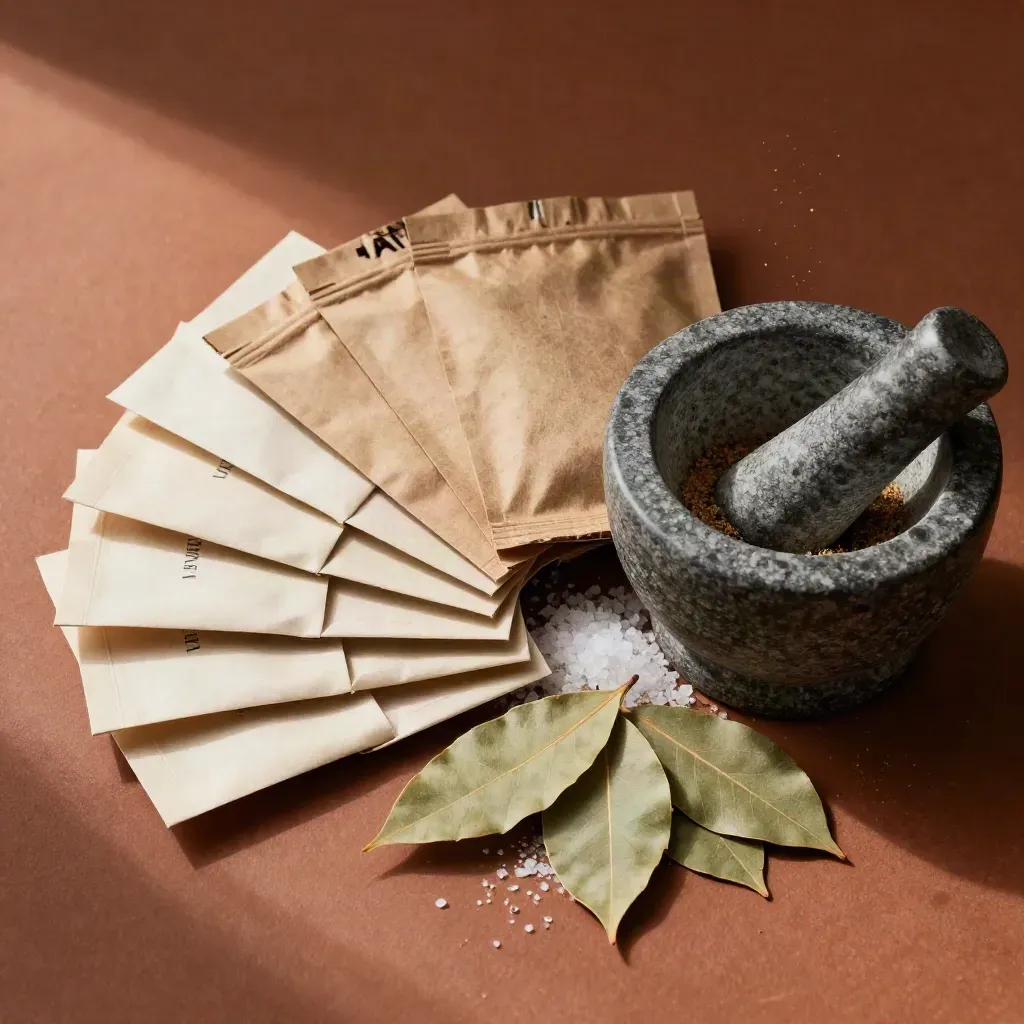 Extreme macro of herb and spice sachets, tins, salt, bay leaves and a mortar