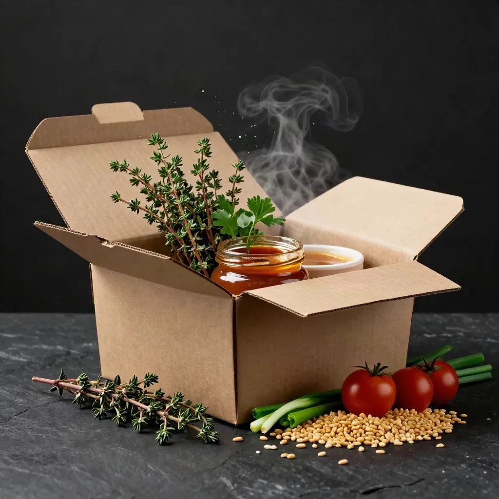 Opened meal kit box with herbs, grains, sauce and produce on a dark studio surface.