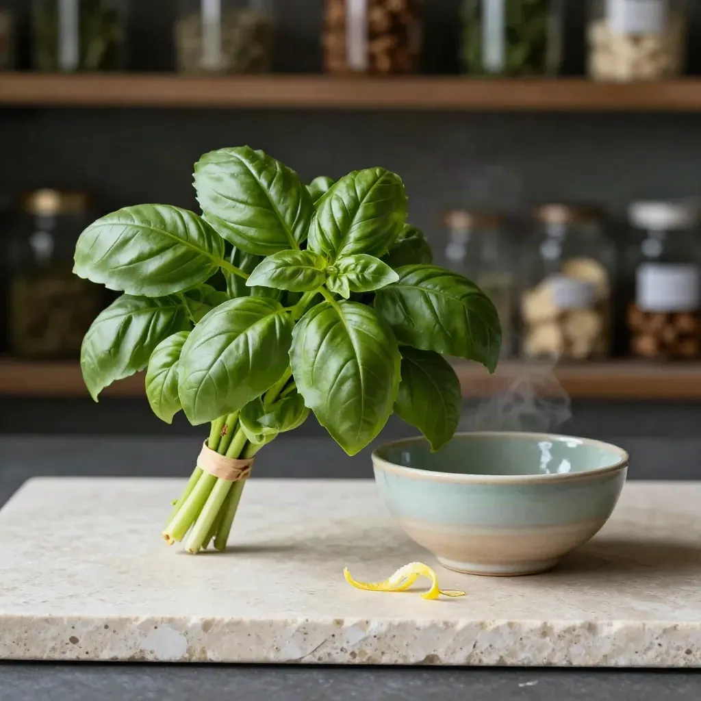Lemon basil bunch with zest curls and a ceramic bowl on travertine, softly lit in a market prep setting.