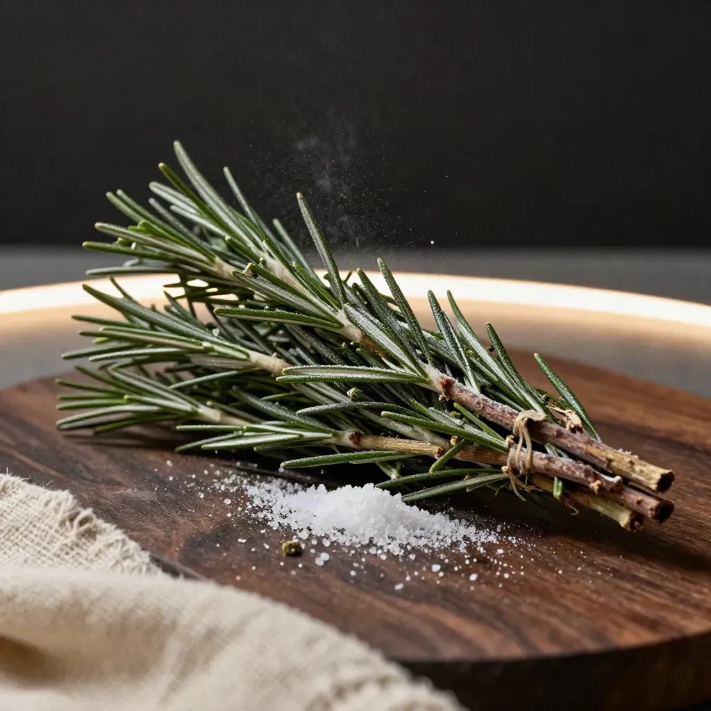 Macro rosemary sprigs with salt and cream linen on dark stone, lit with a bright rim.