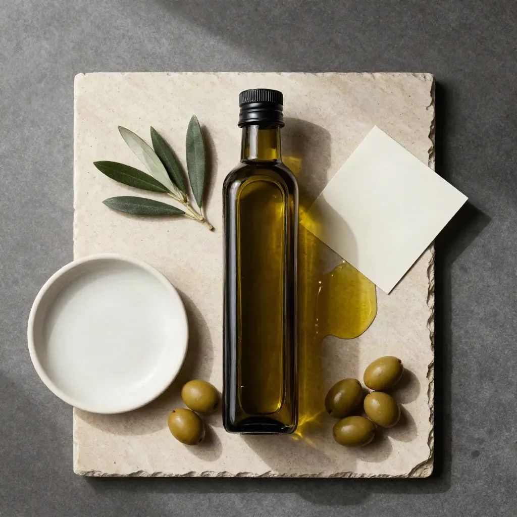 Olive oil bottle with olives, leaves, and ceramic dish on pale stone