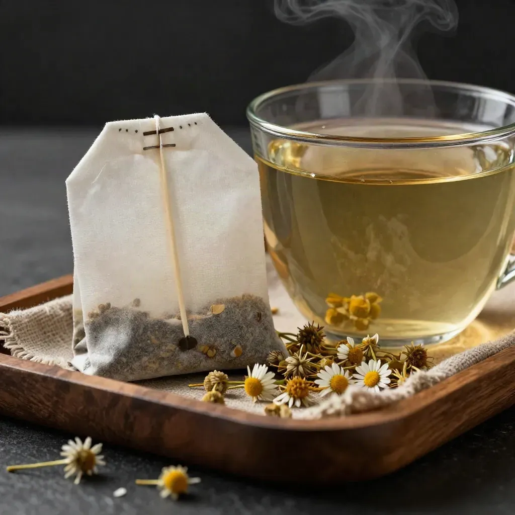 Chamomile tea bags on a linen tray beside a steaming cup with scattered blossoms