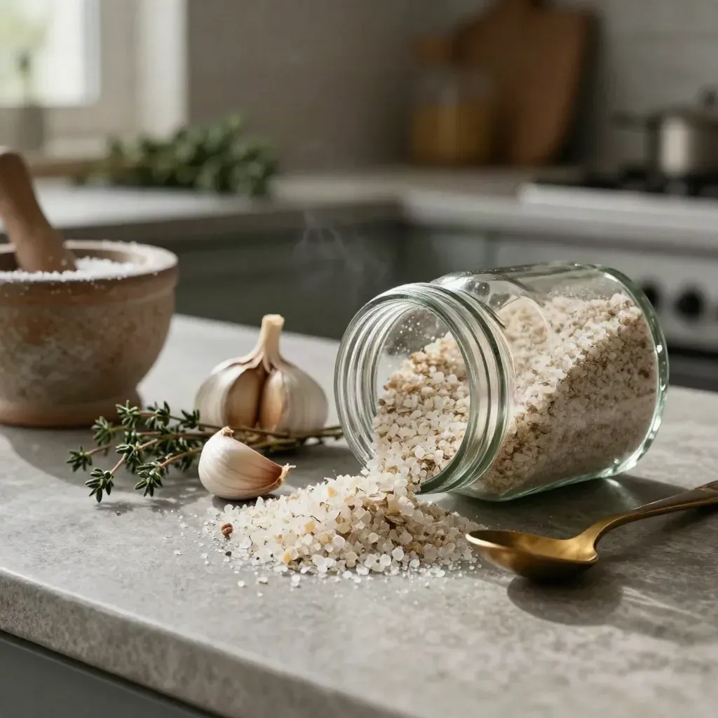 Garlic herb salt jar spilling crystals beside garlic, thyme, spoon and mortar on stone.