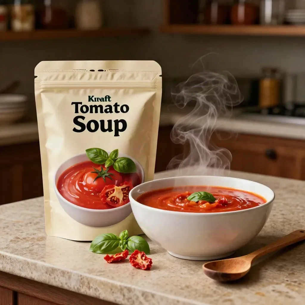 Tomato soup mix kit with steaming bowl, pouch, basil, tomato pieces, and wooden spoon.