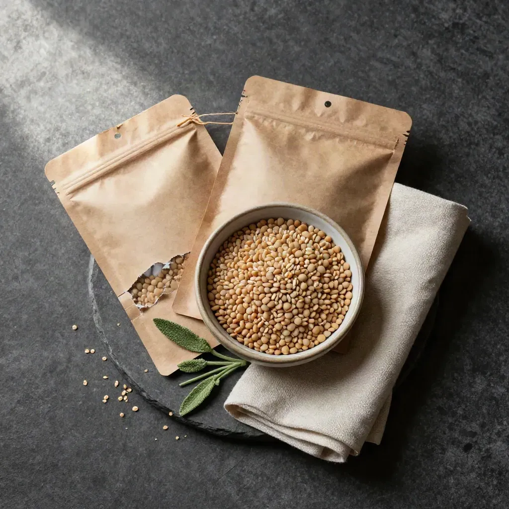 Overhead macro of a lentil meal kit with pouches, grains, napkin, and herb stems on stone.
