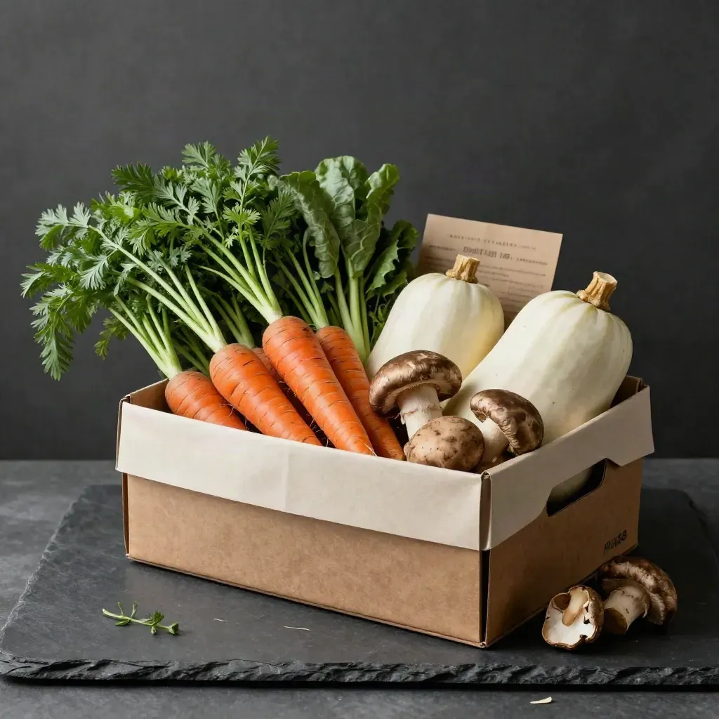 Open market veg box with carrots, squash, mushrooms and greens on a stone slab.