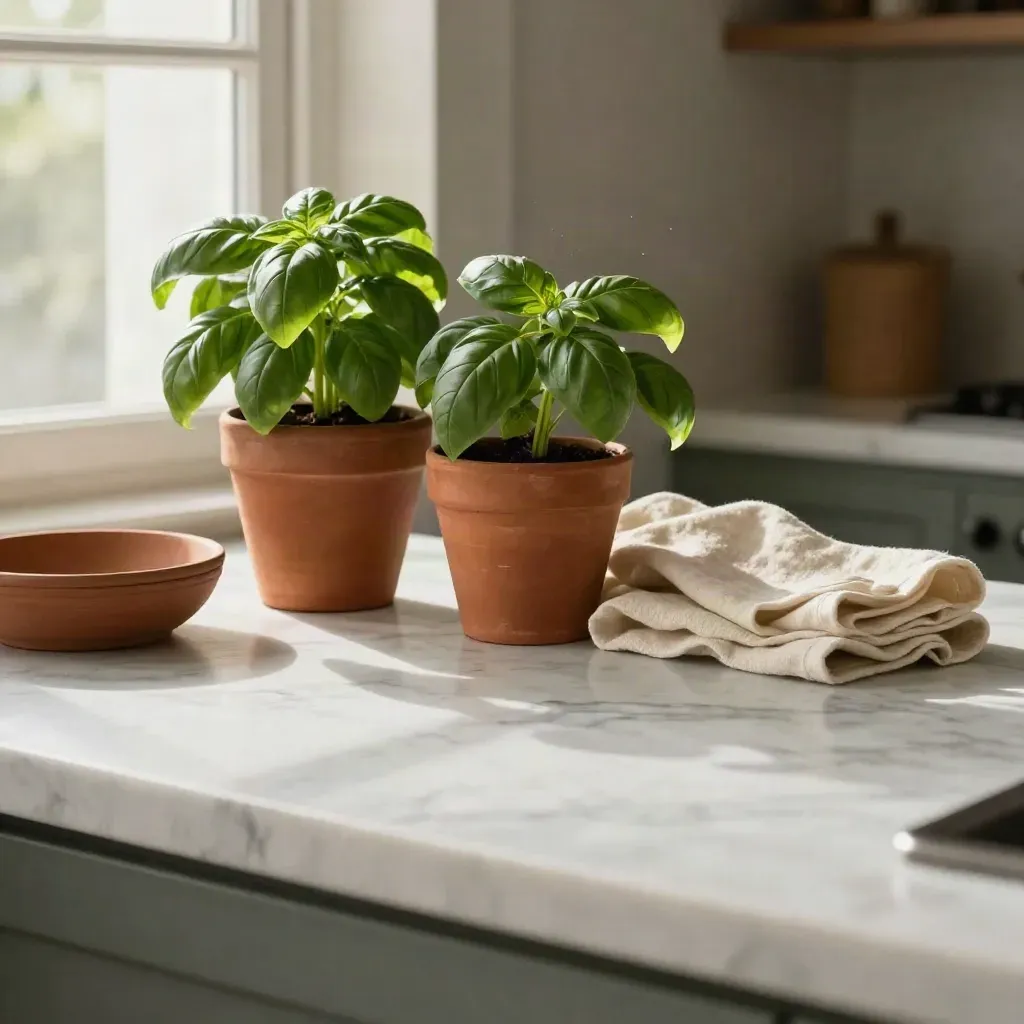 Sunlit marble ledge with basil pots, clay bowl, and cream linen in a calm interior.