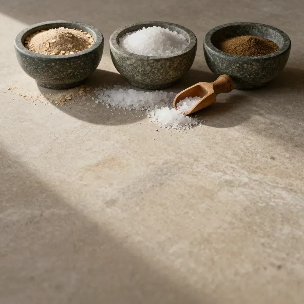 Limestone prep surface with spice bowls, wooden scoop and salt crystals in soft raking light