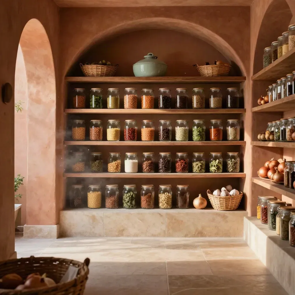 Sunlit pantry alcove with jars, baskets, and a stone arch above calm copy space