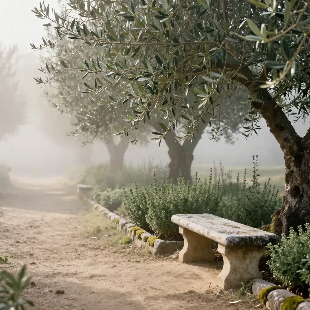 Misted herb garden edge beside an olive grove, with a stone bench and soft morning haze.