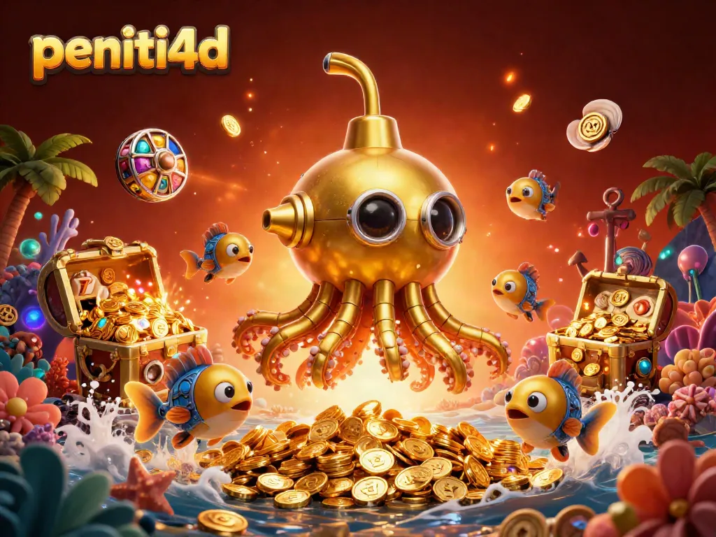Permainan seru di PENITI4D dengan kraken emas dan emas berkilau, simbol slot yang menari-nari.