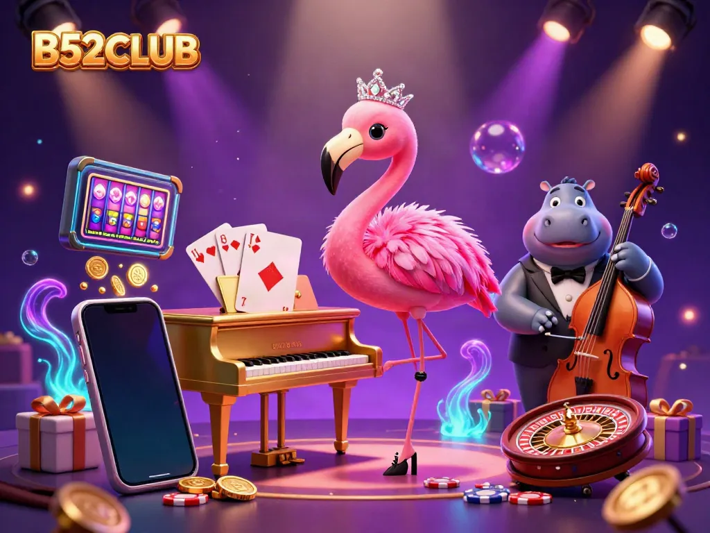 Join the excitement at B52CLUB with vibrant gaming elements in a colorful casino setting.