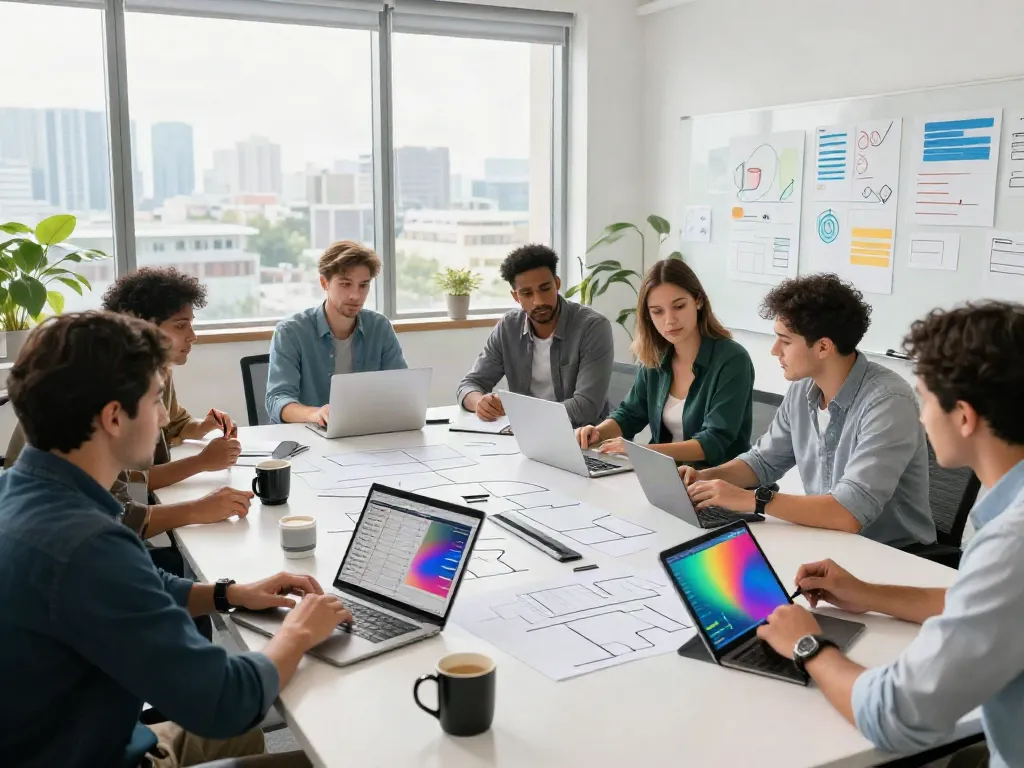 Collaborative team meeting showcasing resource management strategies in a bright office environment.