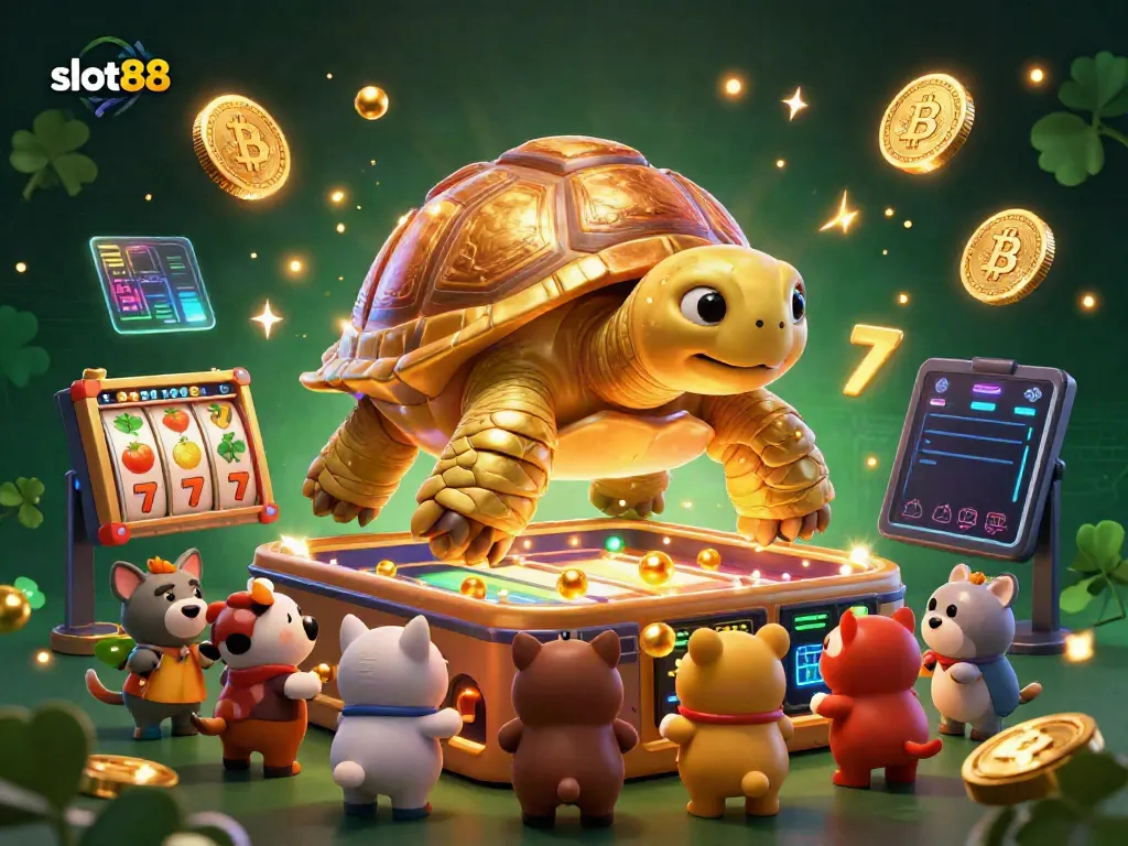 Experience the excitement of slot88 gaming with a colorful 3D illustration showcasing a vibrant casino atmosphere.