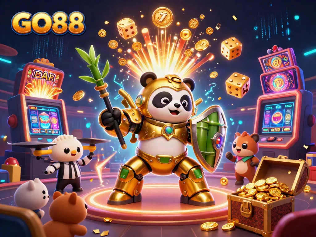 Engage in thrilling gaming action at GO88 featuring a panda mech fighting robot in vibrant casino atmosphere.