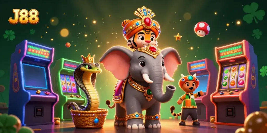 Engage with J88 slots featuring a colorful 3D maharaja riding an elephant amidst glowing casino elements.