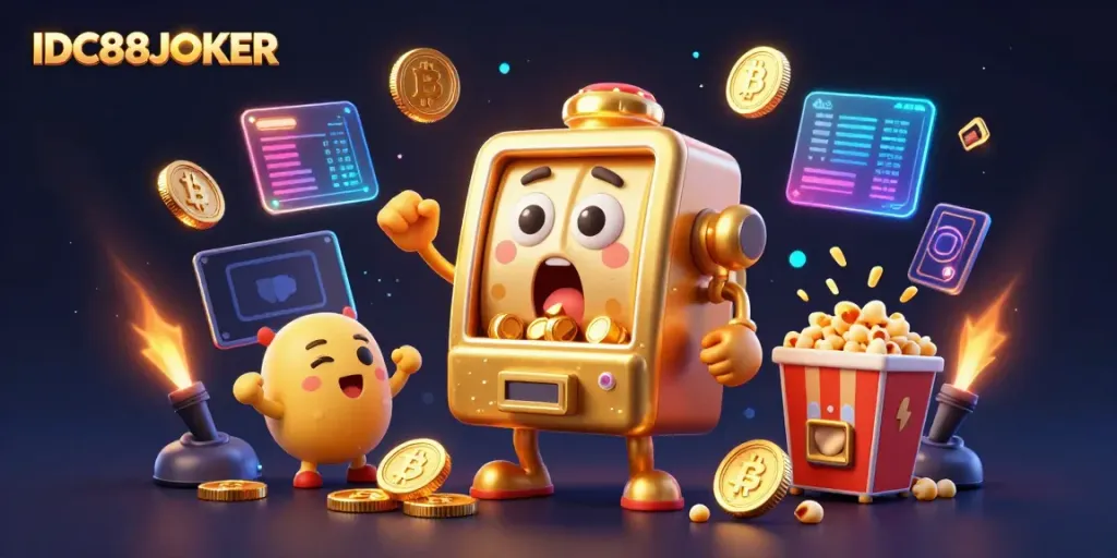 Experience IDC88JOKER excitement as cartoon slot machines celebrate a big win, surrounded by vibrant crypto elements.