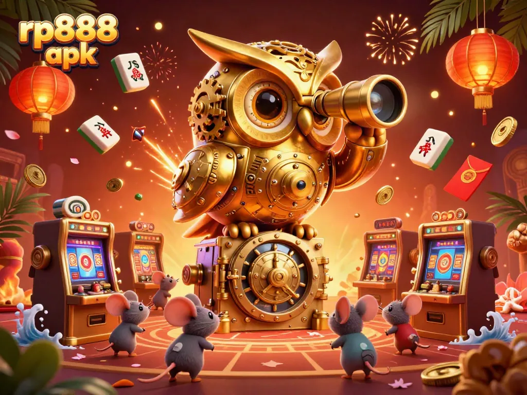 Engage with the excitement of the rp888 apk casino app in this vibrant 3D illustration featuring a clockwork owl.