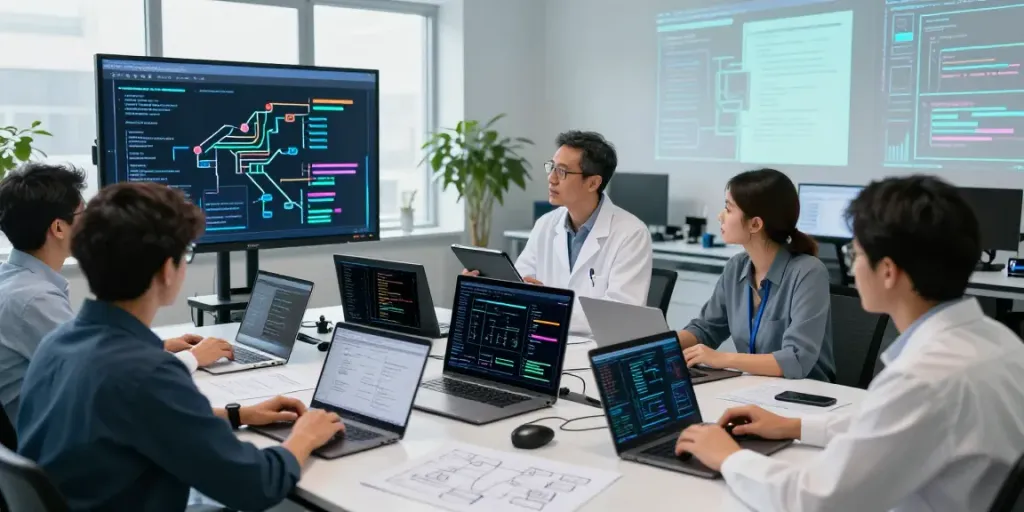 Team working on Enterprise AI models and algorithms in a modern lab.