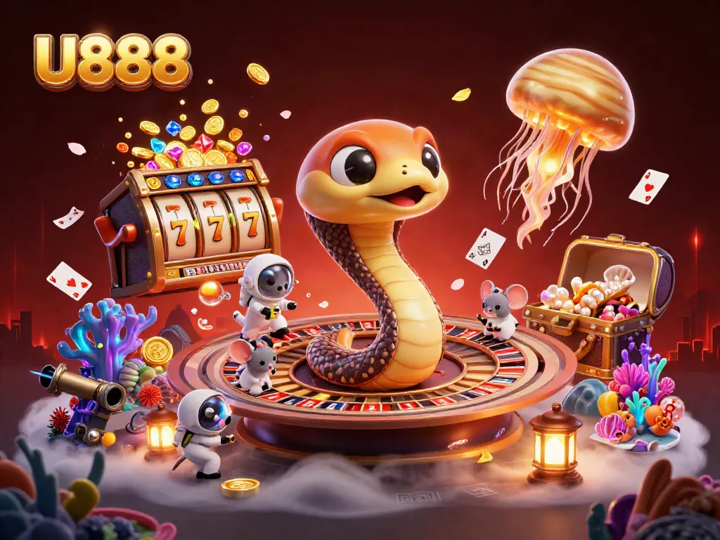 Engage in the exciting world of U888 with a stunning cosmic casino illustration featuring unique characters and vibrant gaming elements.