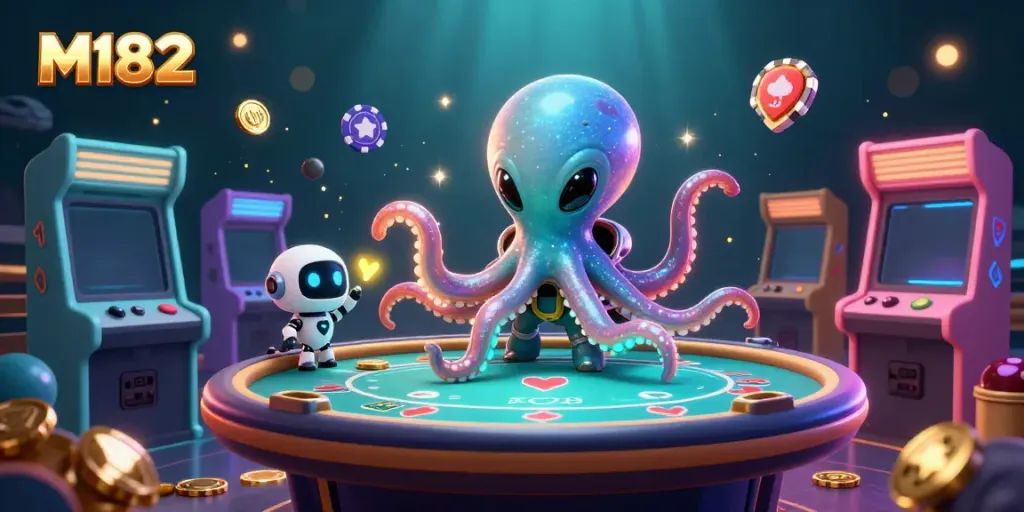 Play poker with M182's alien octopus and robot companion surrounded by arcade machines and vibrant game elements.