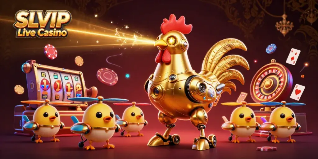 Experience the thrill at SLVIP Live Casino with a vibrant scene of the golden rooster robot and game elements.