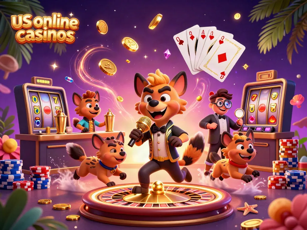 Experience the excitement of us online casinos with vibrant hyena characters in a lively gaming scene.