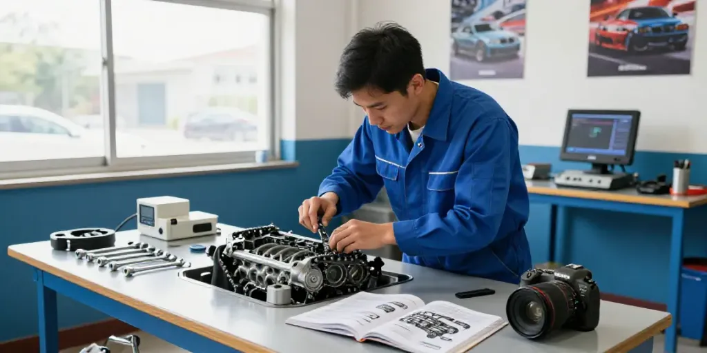 BMW steuerkette wechseln process with mechanic inspecting engine components in workshop.