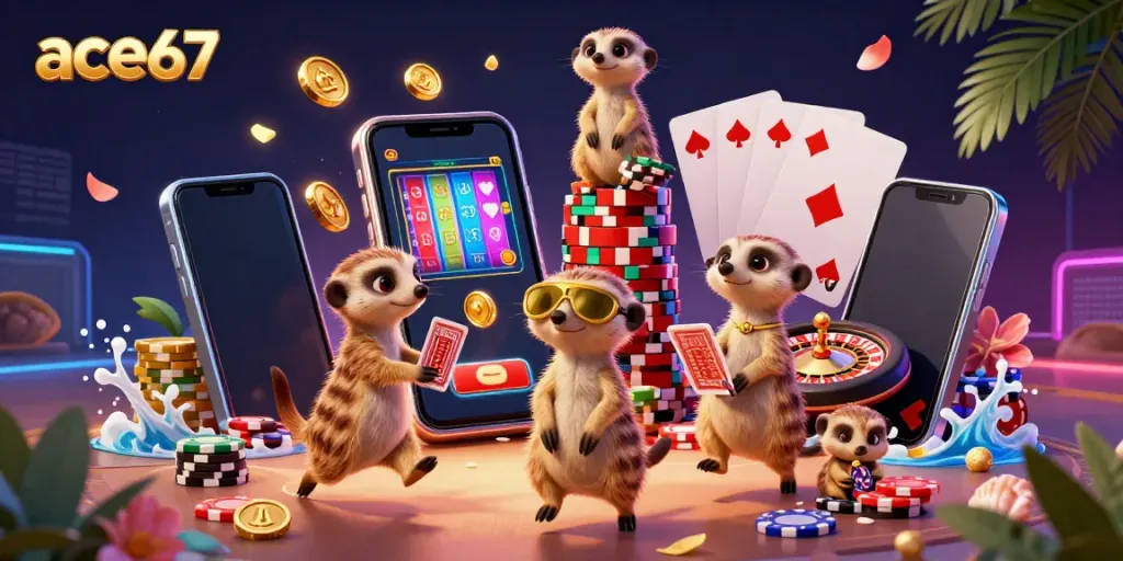 Experience thrilling gameplay at ace67 with meerkats engaged in casino activities and vibrant game elements.