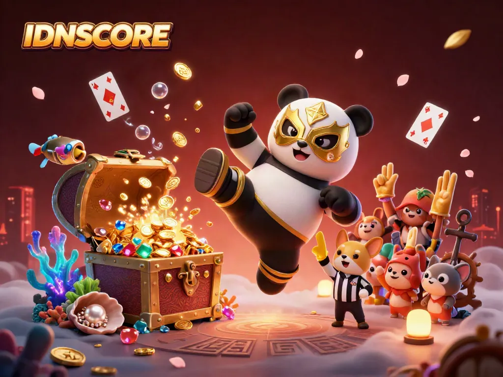 IDNSCORE brings excitement to the gaming scene with a vibrant 3D wrestling panda and dynamic casino elements.