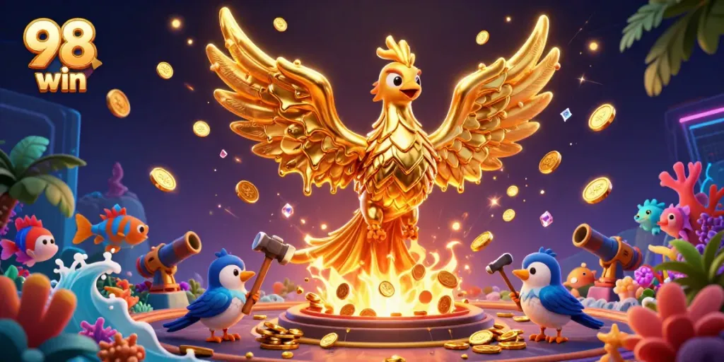 Engage with 98 win's underwater gaming world, featuring a golden phoenix and vibrant fish elements.