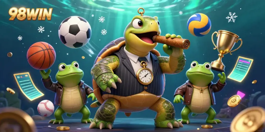 Engage with 98WIN's vibrant casino scene featuring a snapping turtle and bullfrog enforcers amidst flying sports elements.