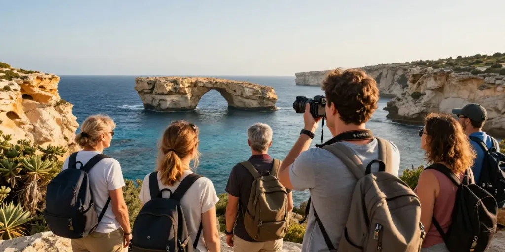 Enjoying a Malta Gozo tour with friends at Azure Window under golden hour lighting.