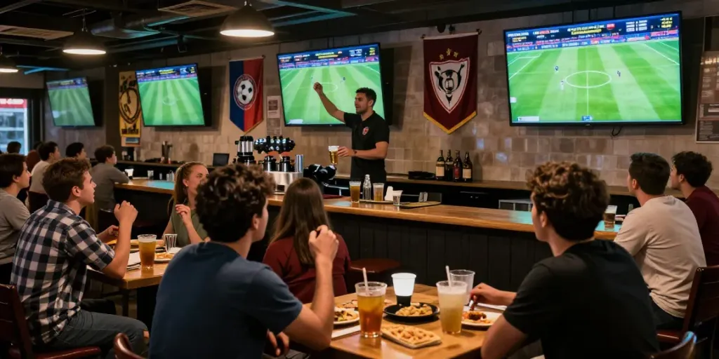 Football fans celebrating while checking ผลบอลสด updates at a lively sports bar.