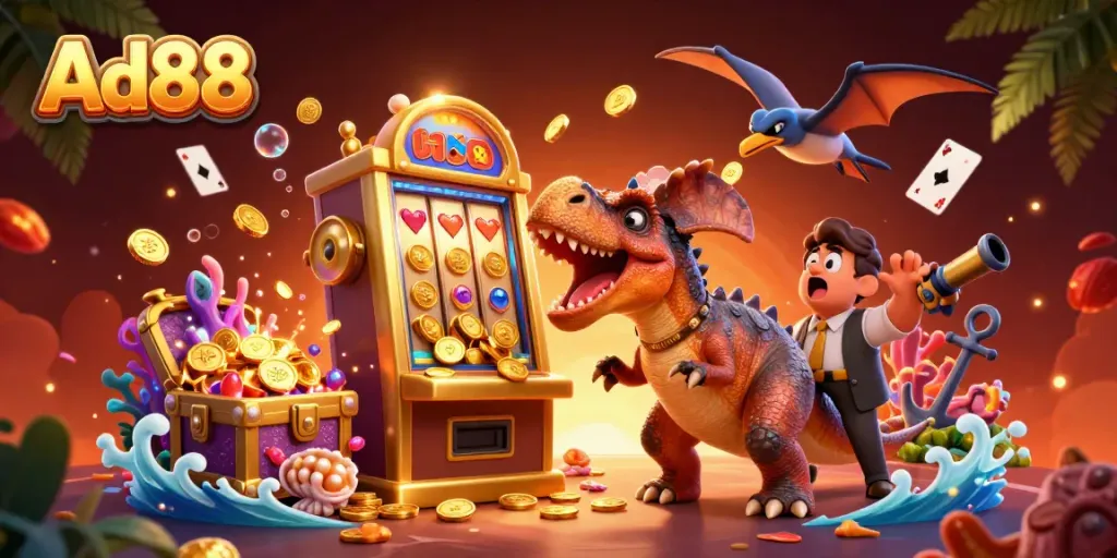 Experience thrilling wins at Ad88 with cartoon dinosaurs and jackpots in a vibrant casino scene.