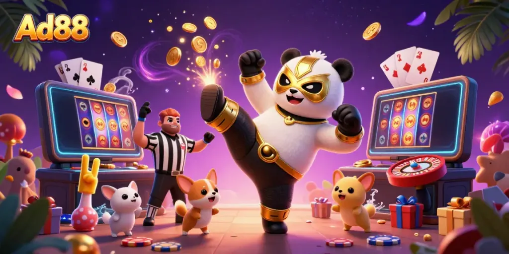 Ad88 showcases a vibrant 3D casino scene featuring a cartoon panda wrestler with golden coins and slot games.