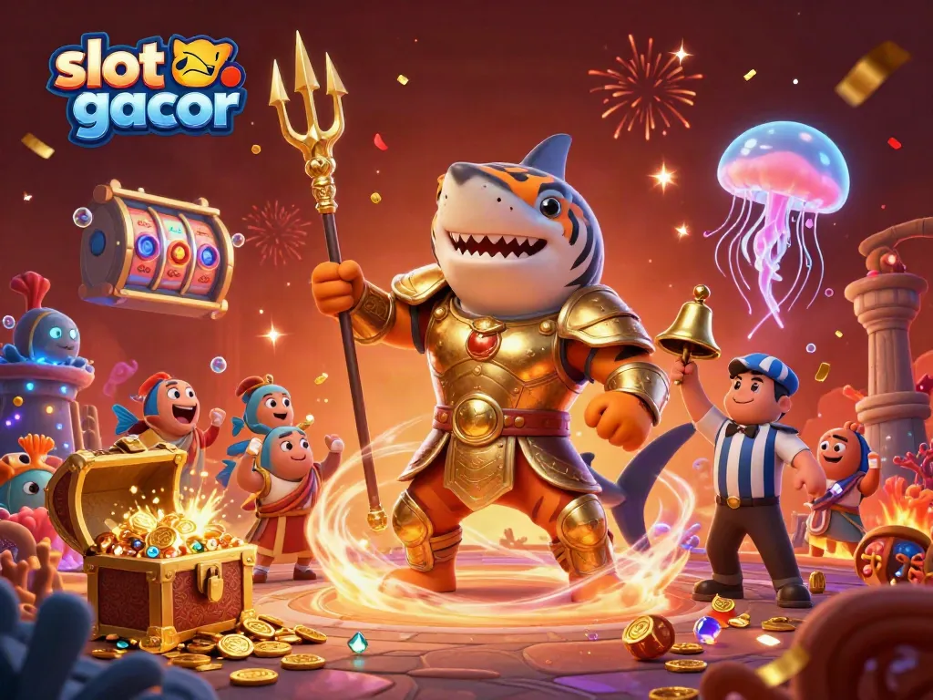 Experience the thrill of slot gacor with a fierce tiger shark and treasure-filled underwater scene.