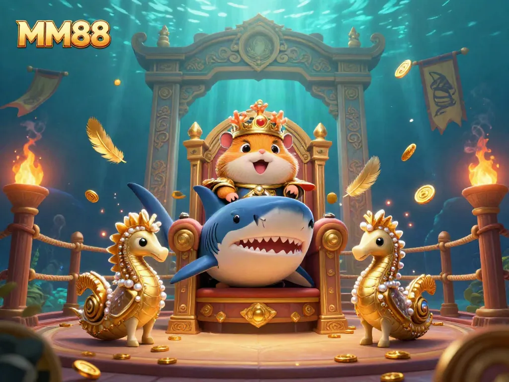 Experience the thrilling world of MM88 with an enchanting treasure-filled underwater scene featuring a golden hamster king and royal guards.